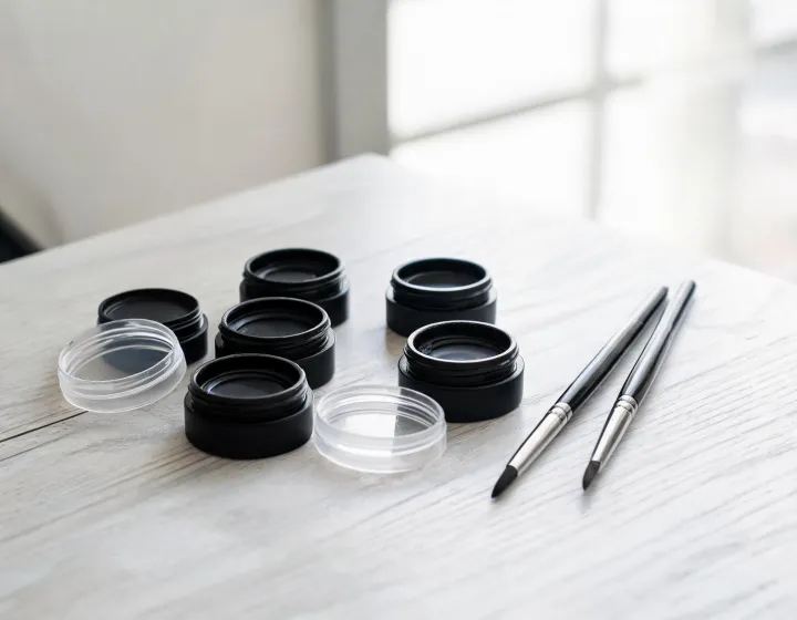 gel eyeliner pot on a cosmetics bench, illustration only